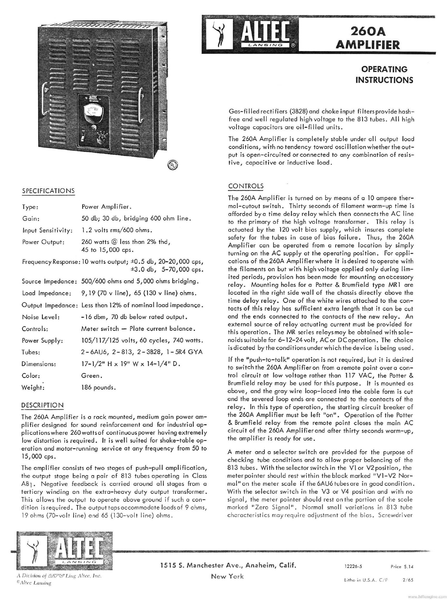 altec 260a poweramp service manual