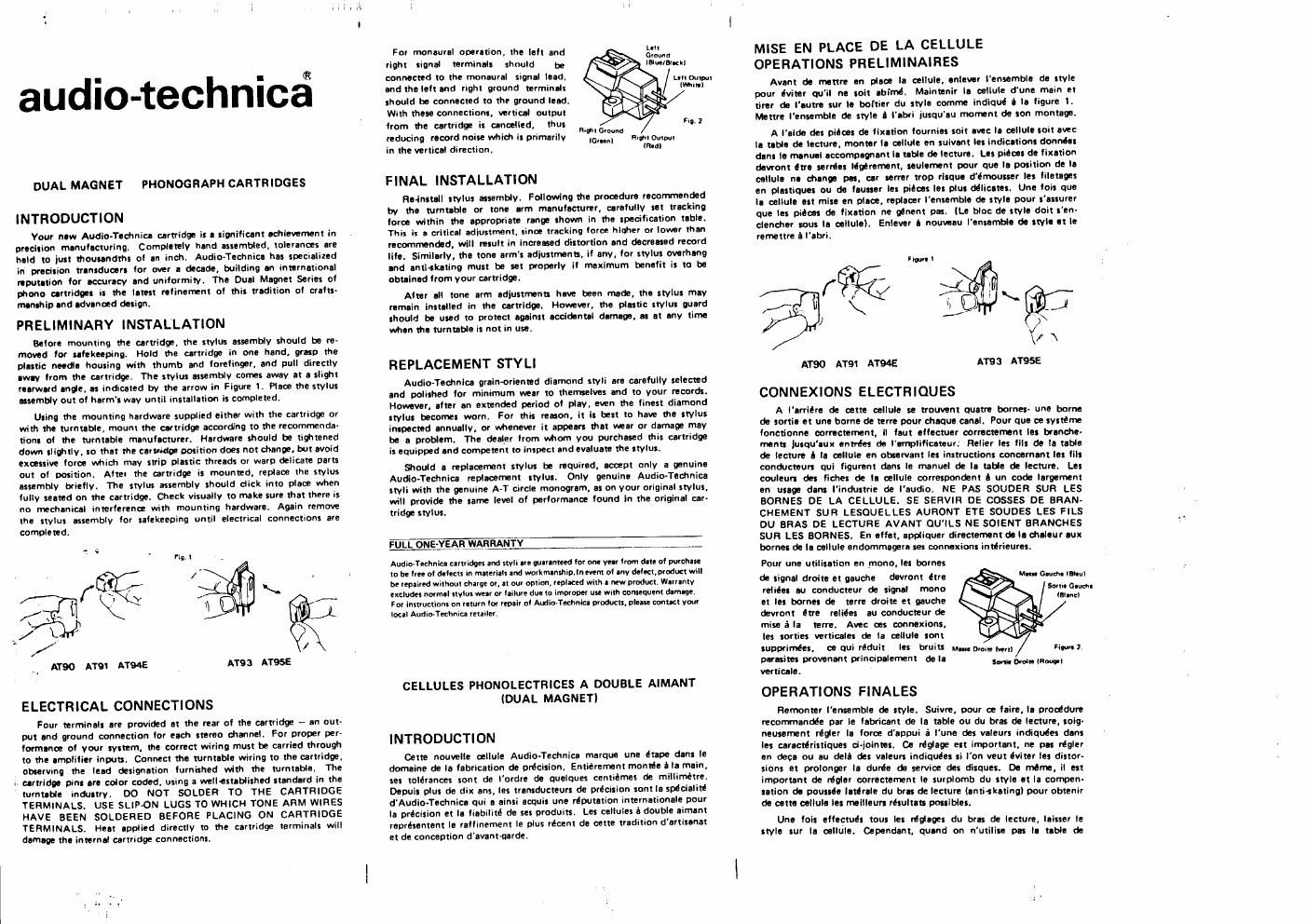 audio technica 93 owners manual