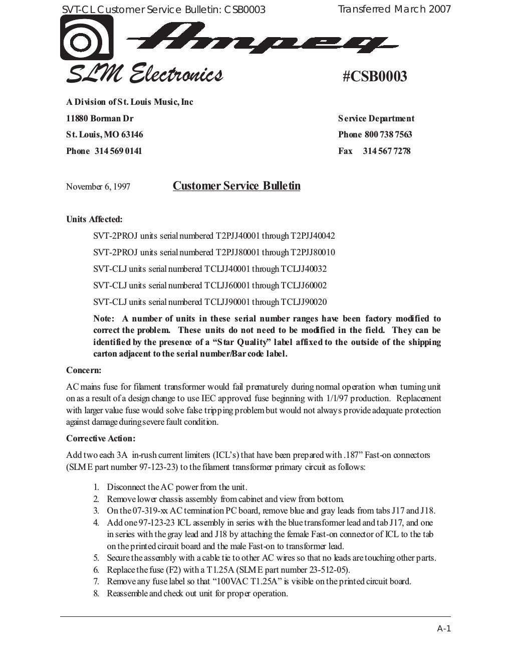 ampeg svt cl 2pro ac fuse service note