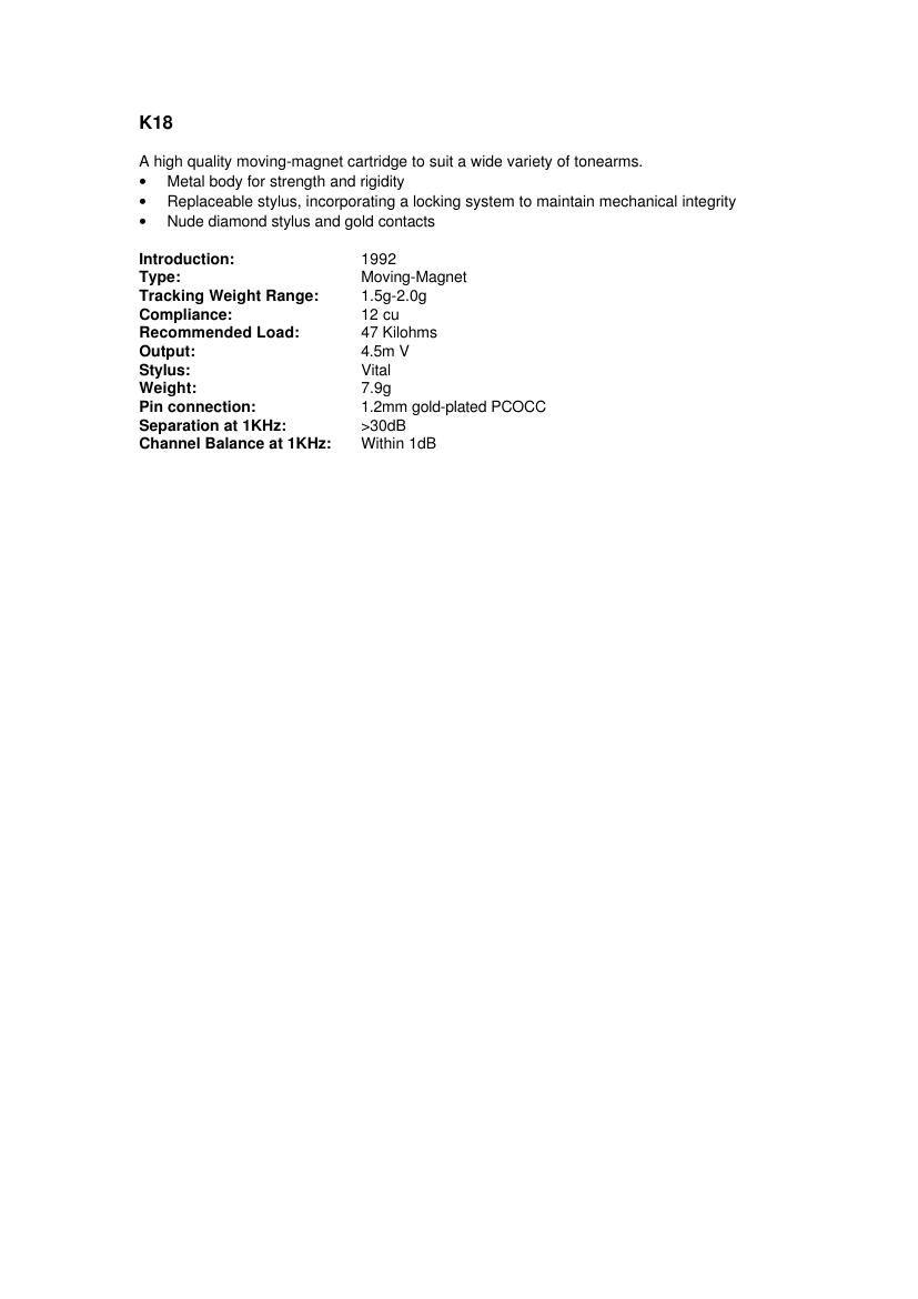 Linn K18 Specifications