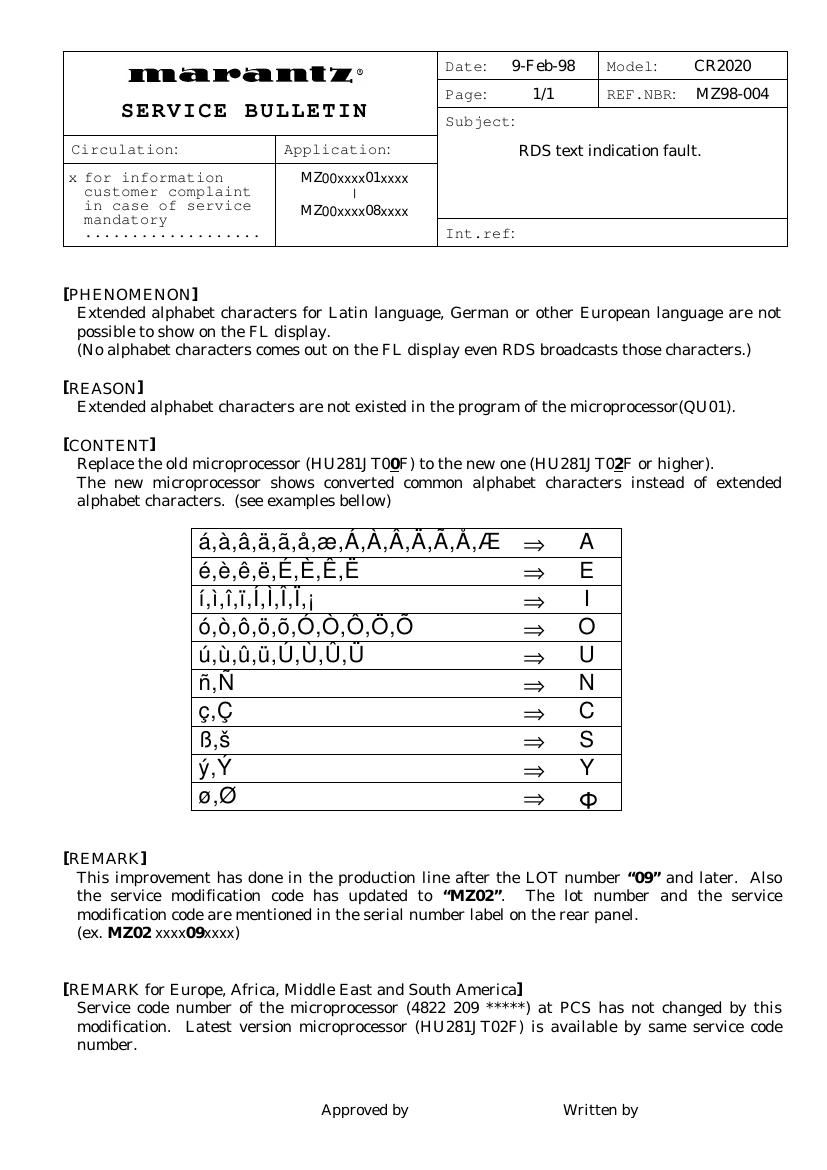 Marantz CR 2020 Service Bulletin