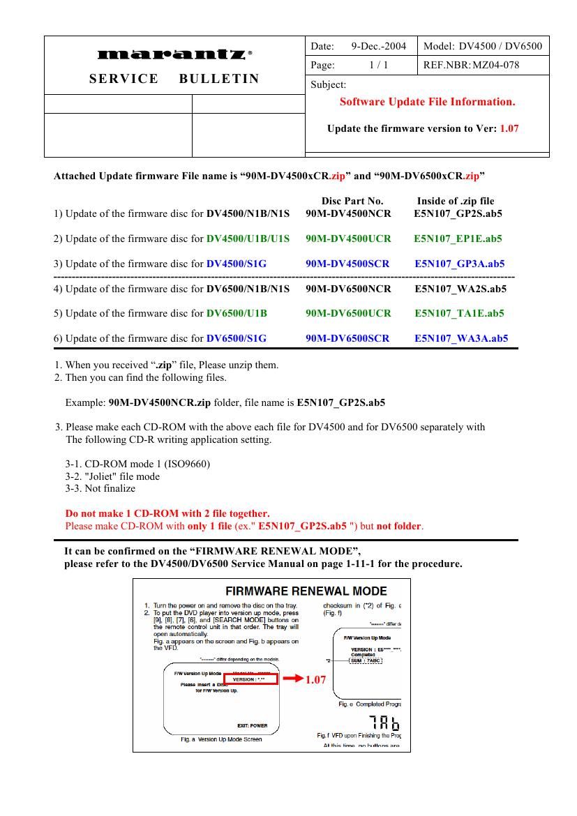 Marantz DV 4500 Service Bulletin