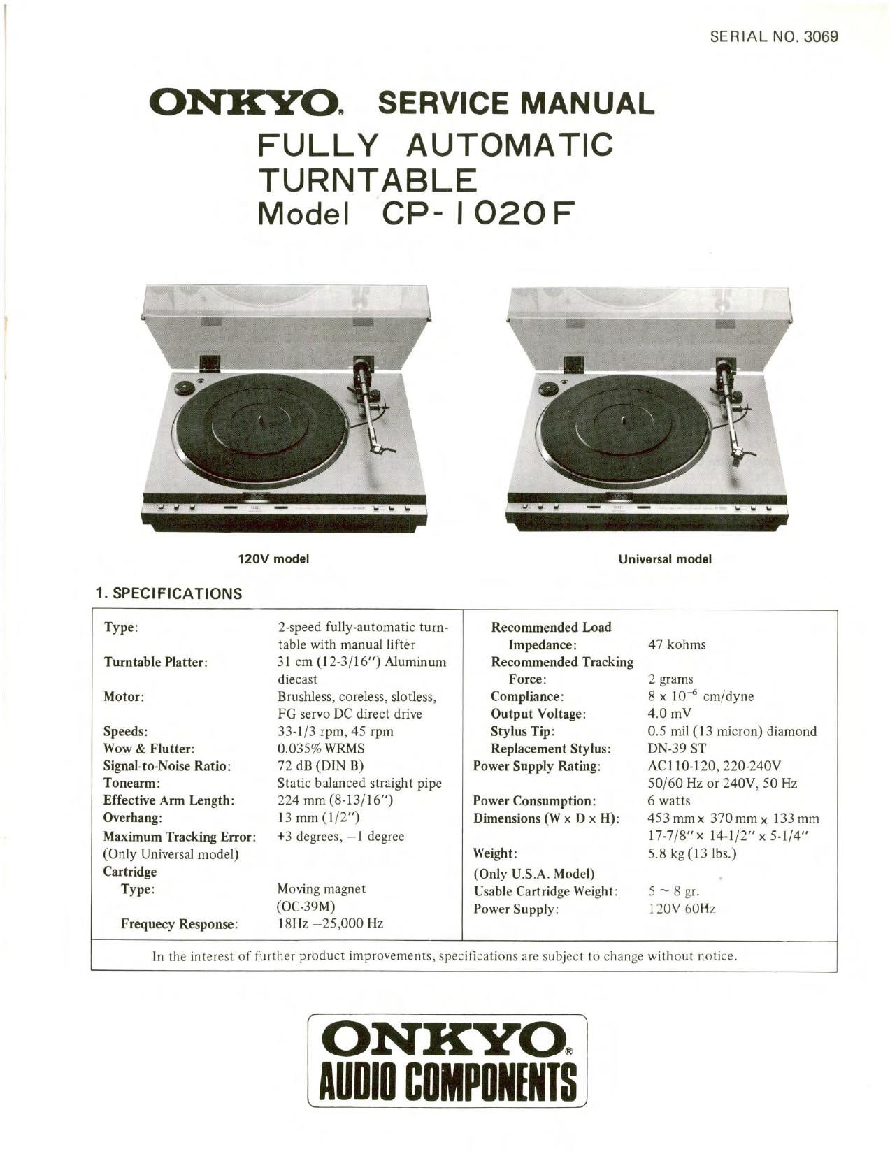 Onkyo CP 1020 F Service Manual