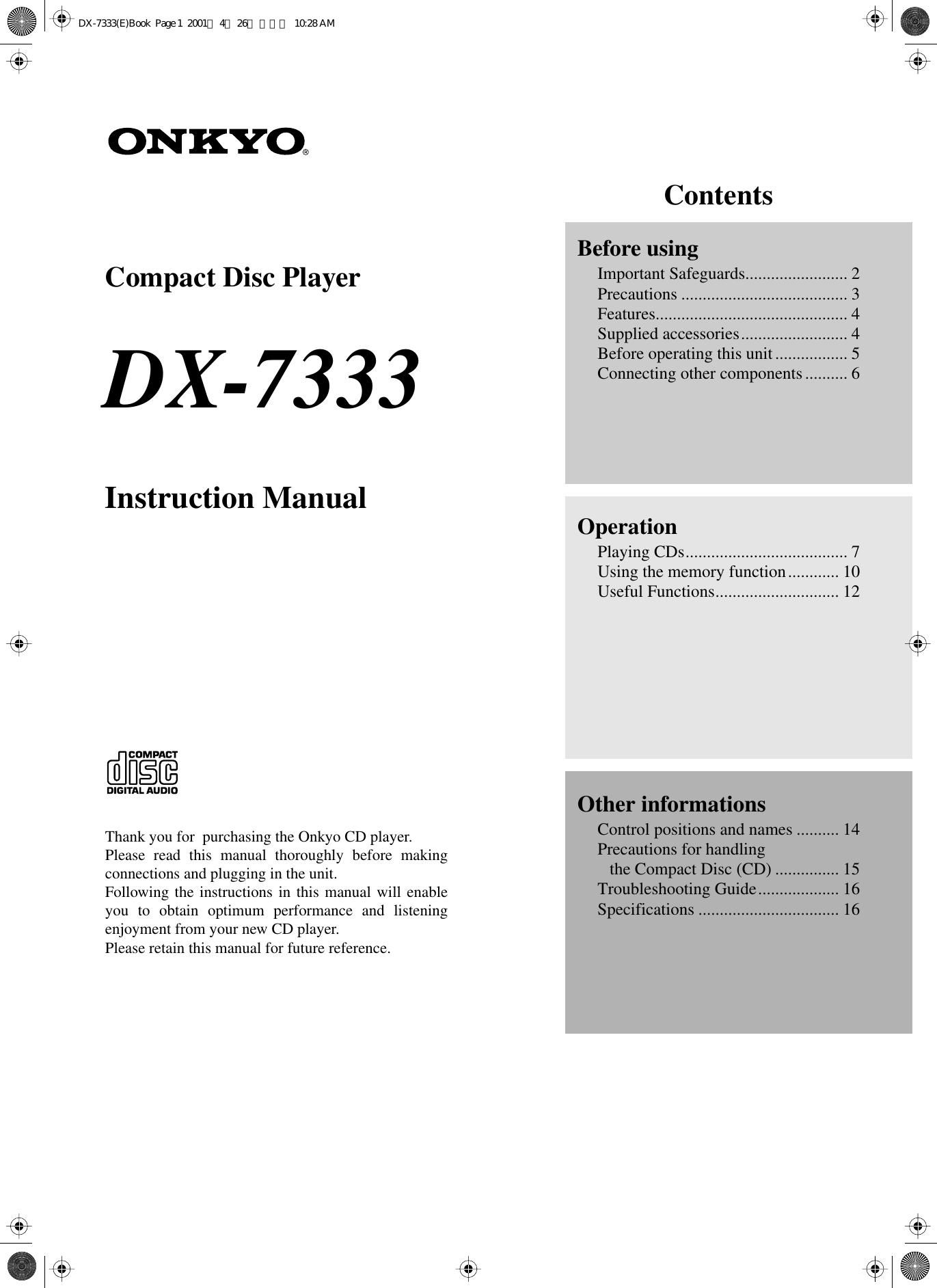 Onkyo DX 7333 Owners Manual