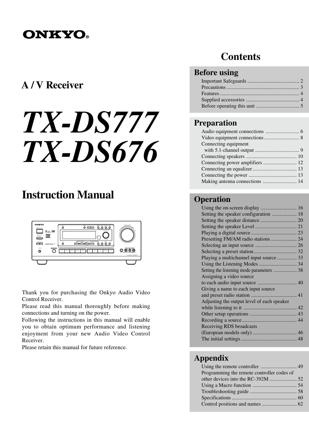 Onkyo TXDS 777 Owners Manual