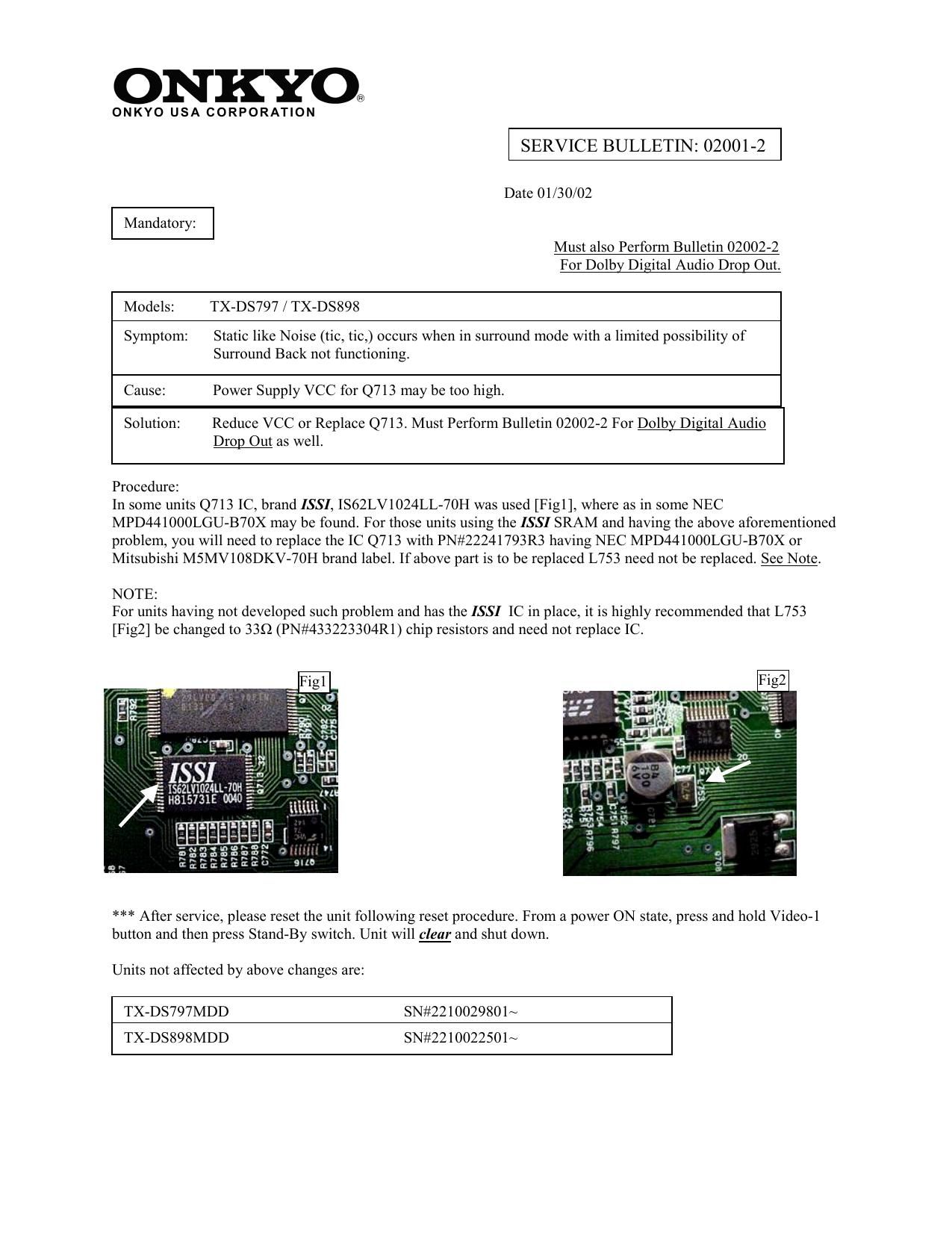 Onkyo TXDS 797 Service Bulletin