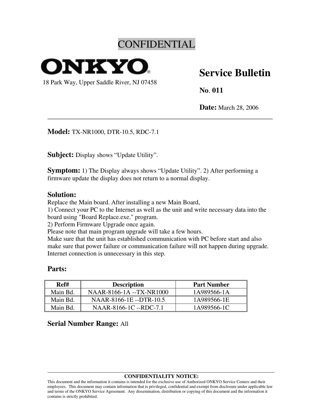 Onkyo TXNR 1000 Service Bulletin