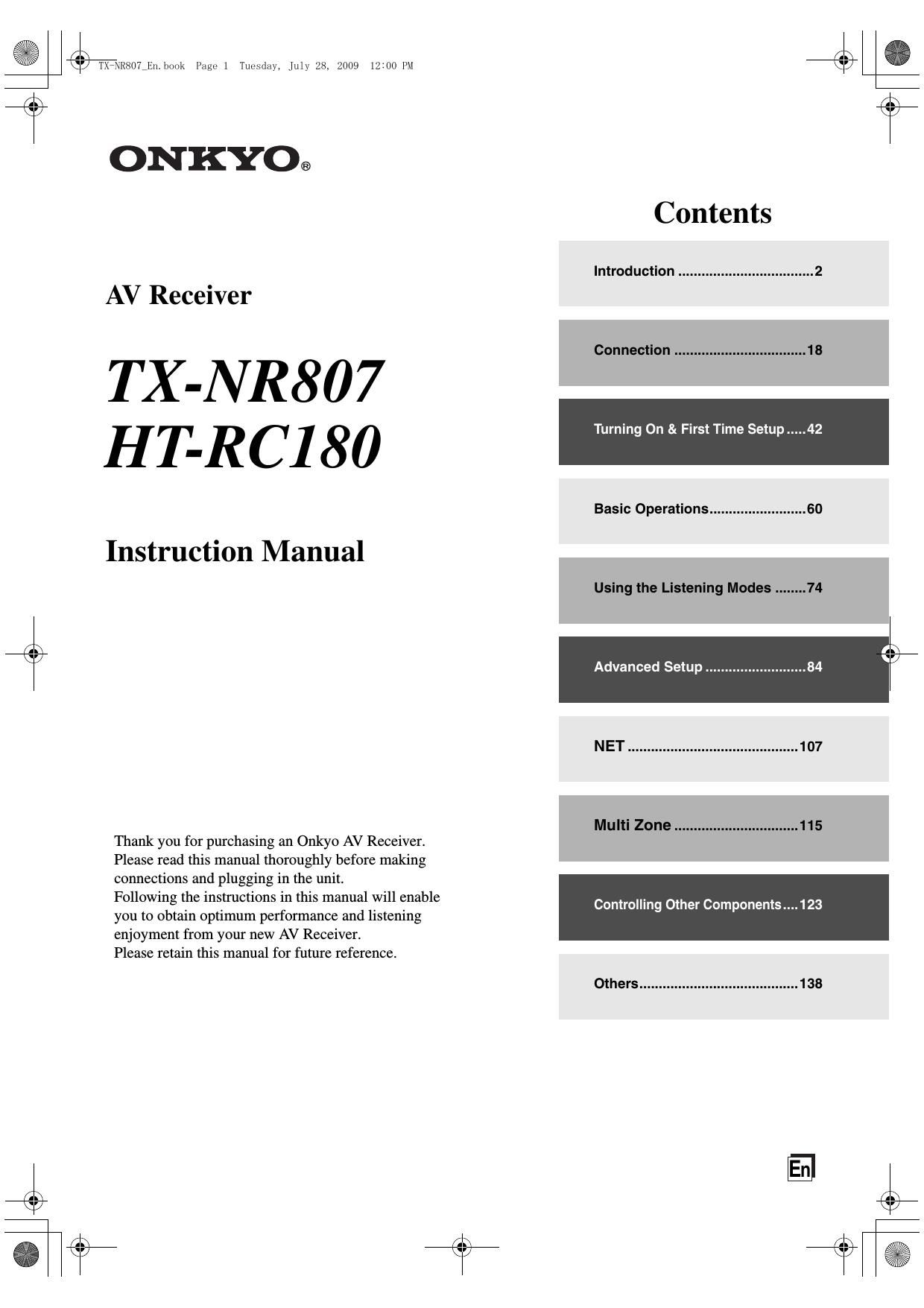 Onkyo TXNR 807 Owners Manual