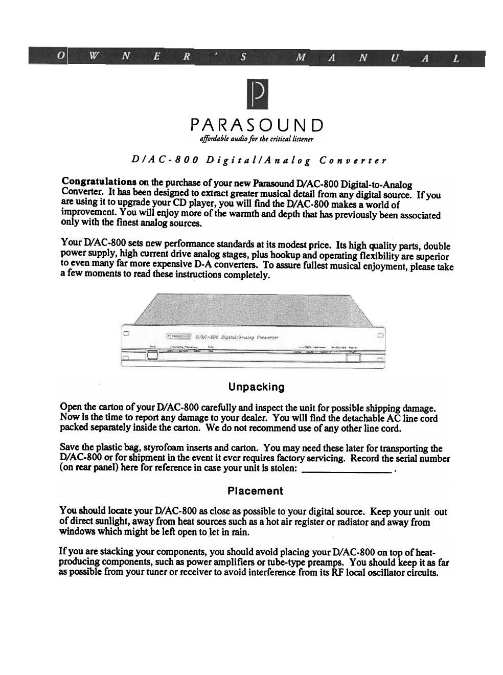 parasound dac 800 owners manual