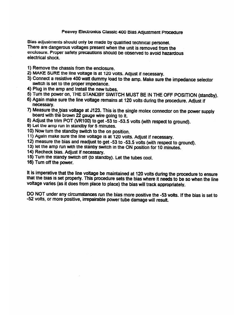 Peavey Classic 400 Bias Procedure Interconnects