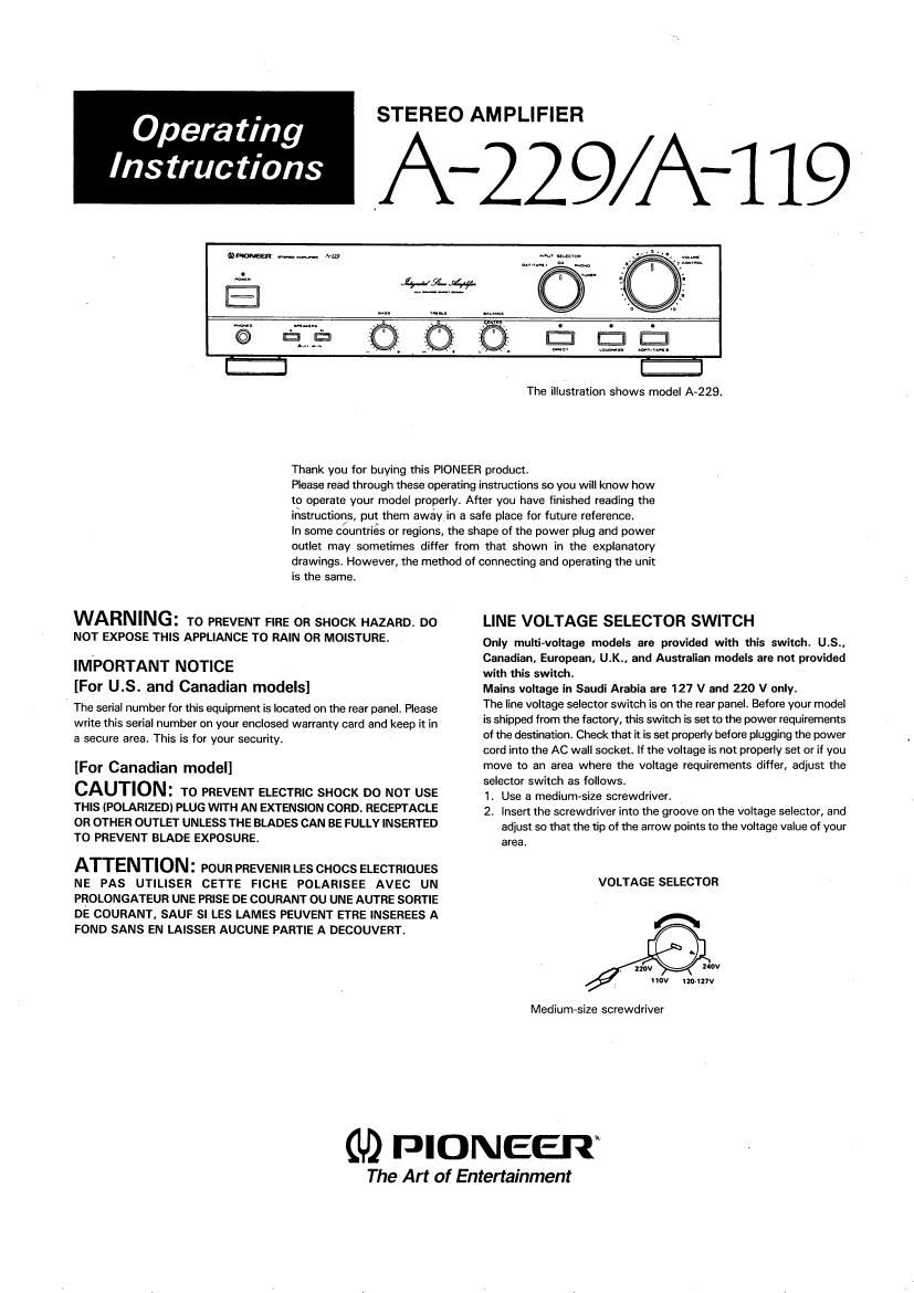 pioneer a 229 owners manual