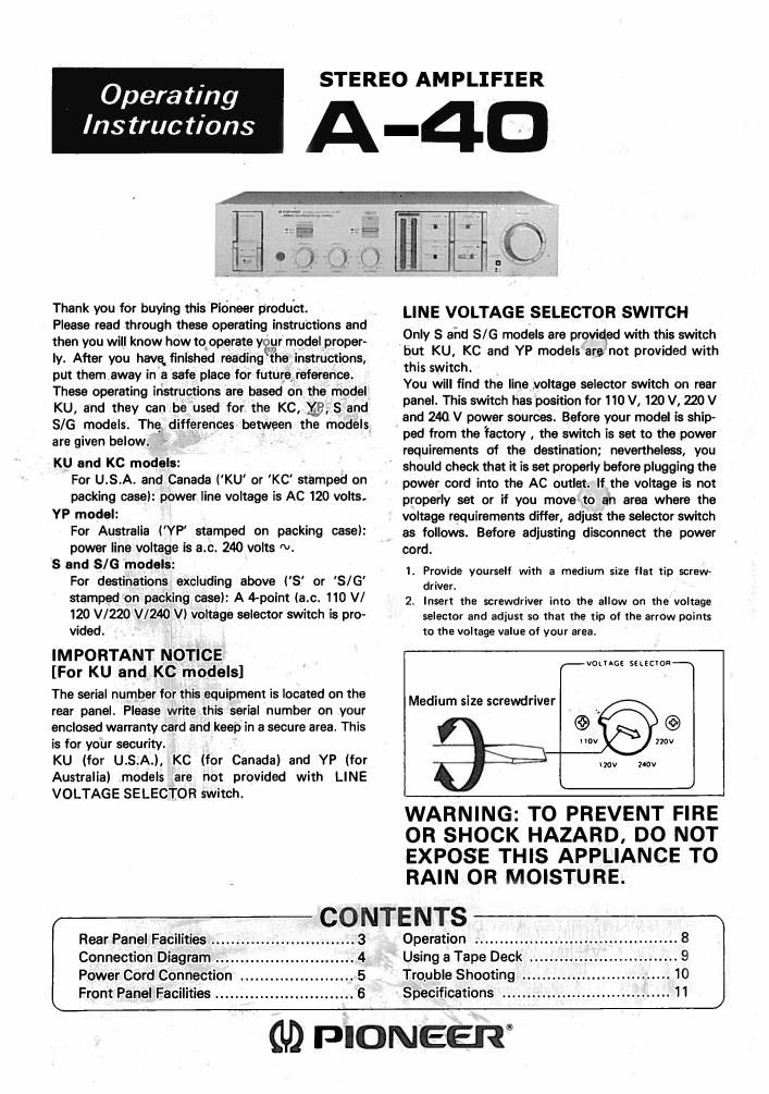 pioneer a 40 owners manual