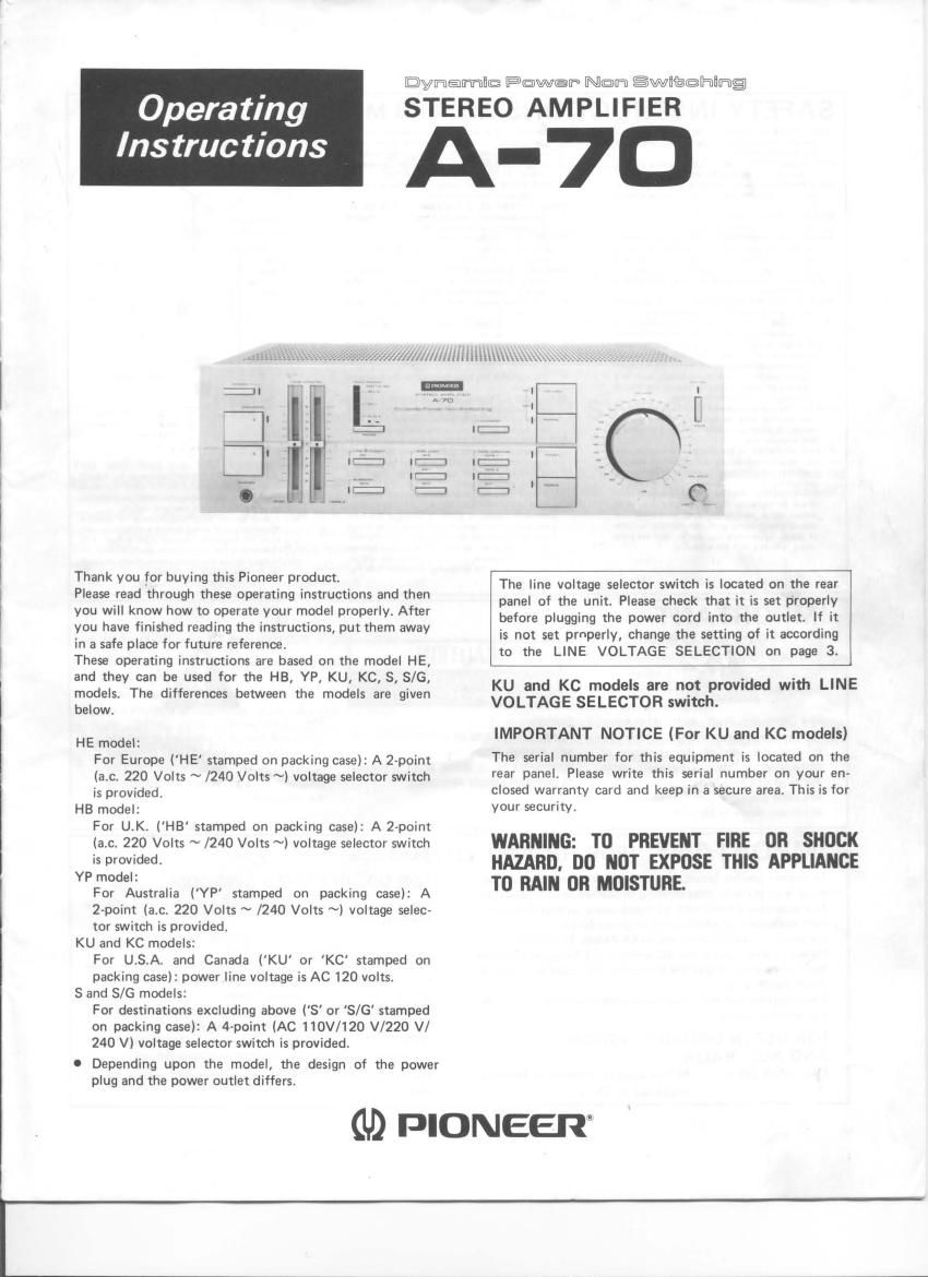 pioneer a 70 owners manual