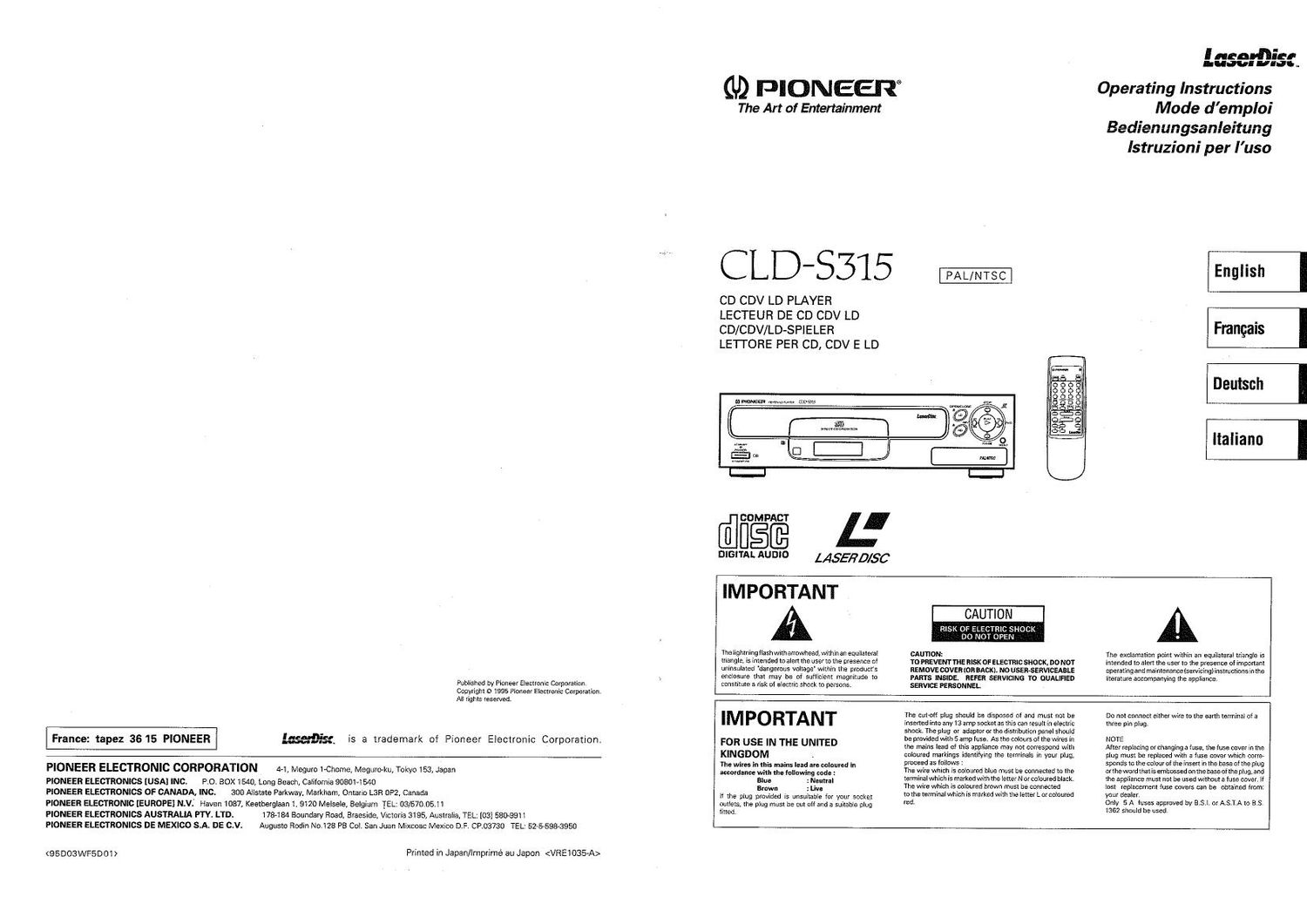 pioneer clds 315 owners manual