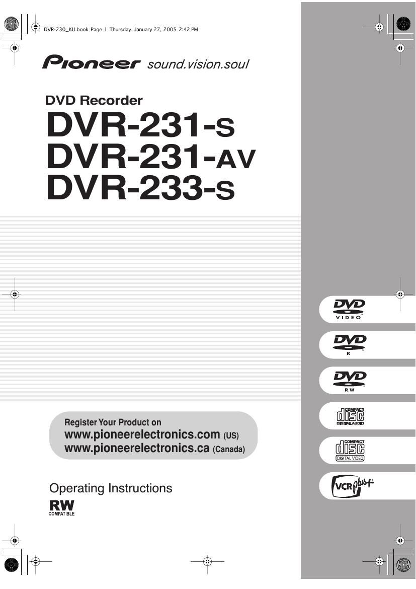 pioneer dvr 231 owners manual