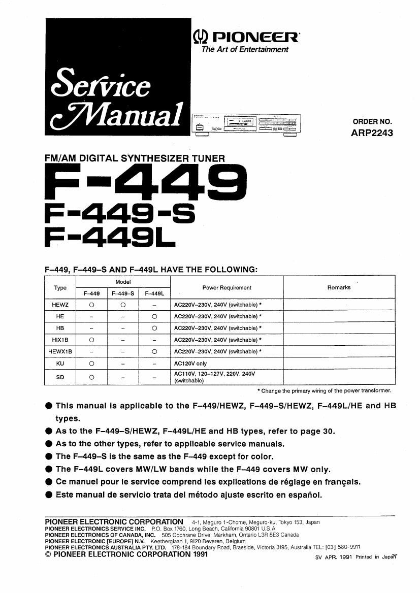 pioneer f 449 l service manual