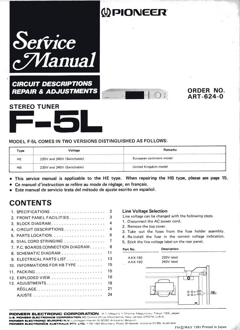 pioneer f 5 l service manual