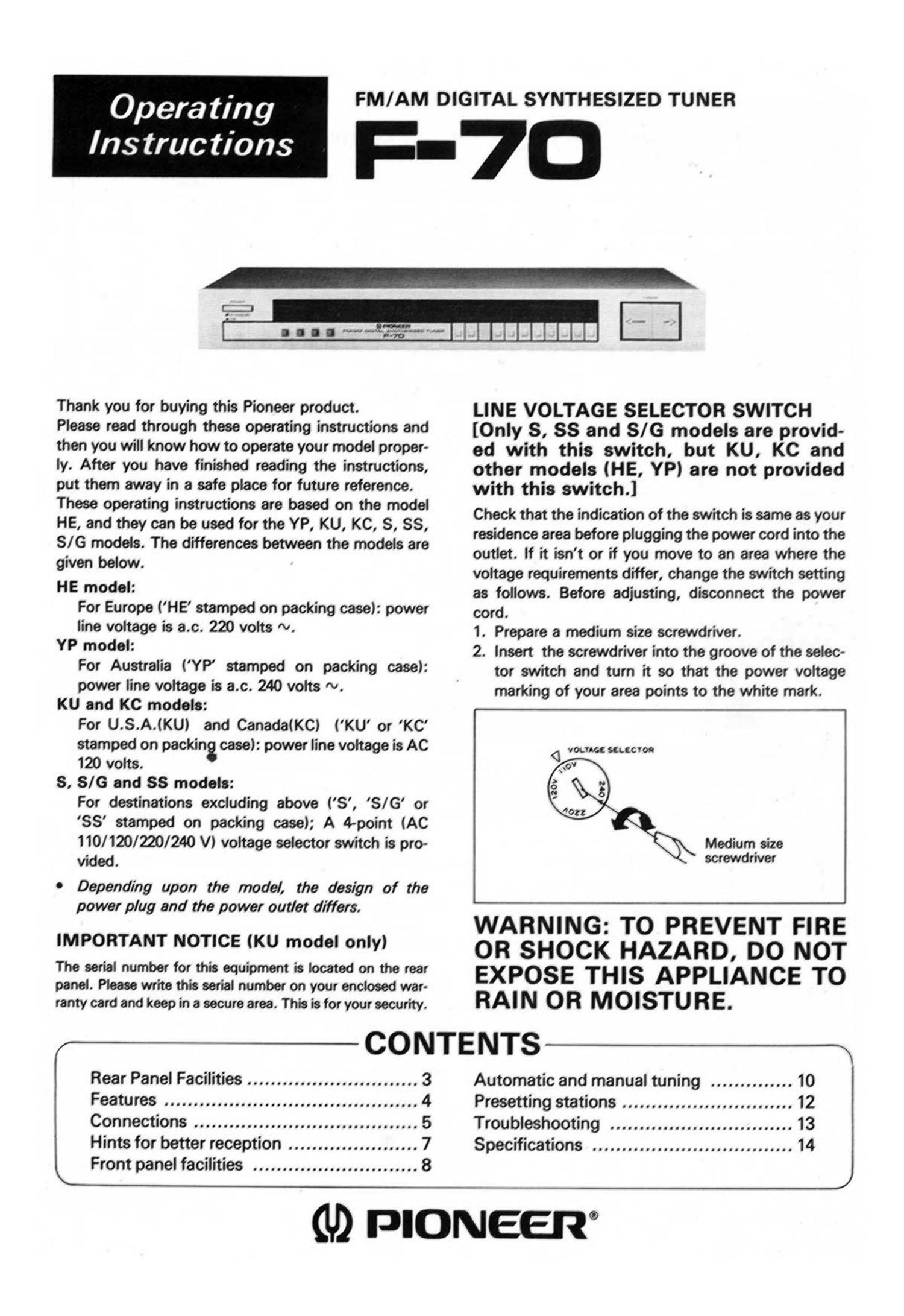 pioneer f 70 owners manual