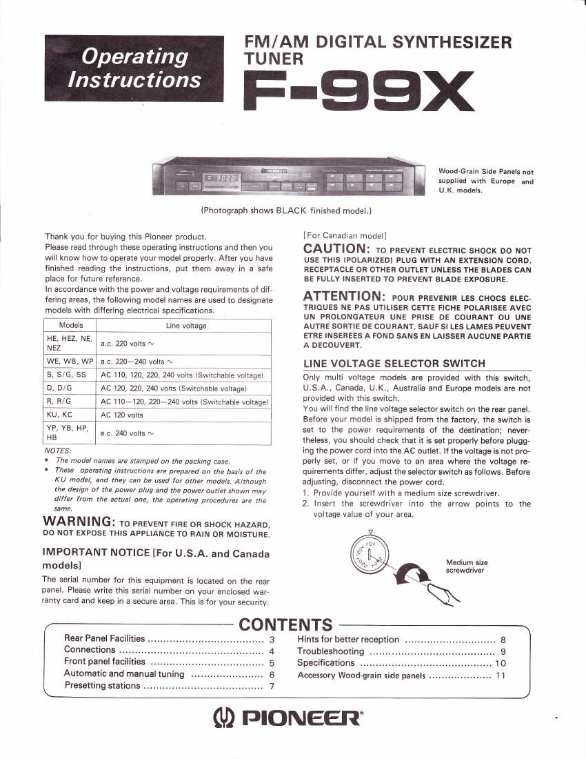 pioneer f 99 x owners manual