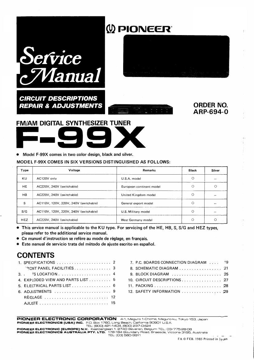 pioneer f 99 x service manual