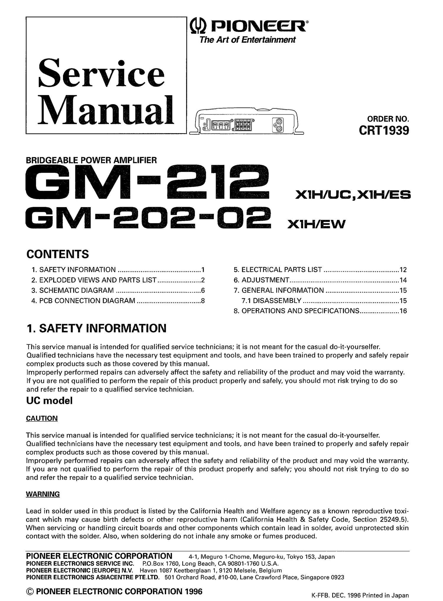 pioneer gm 212 service manual