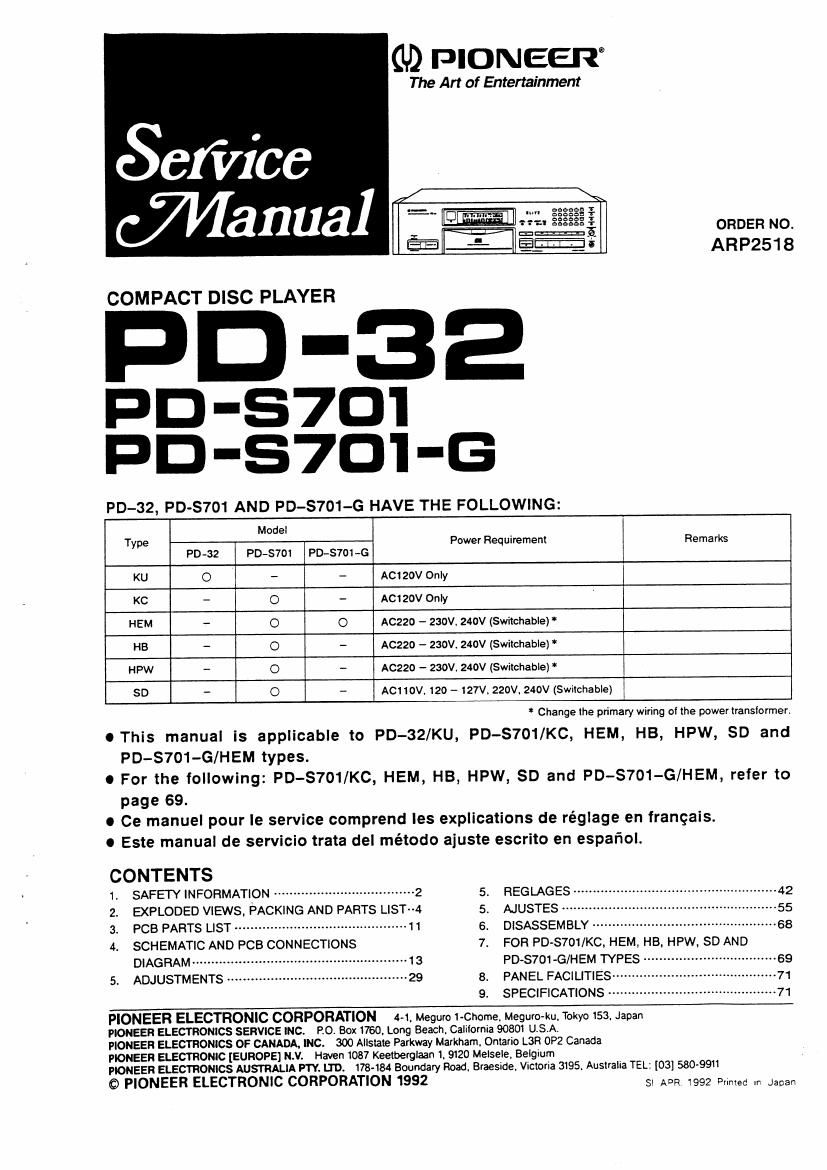 pioneer pd 32 service manual