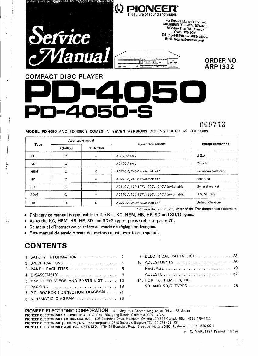 pioneer pd 4050 s service manual