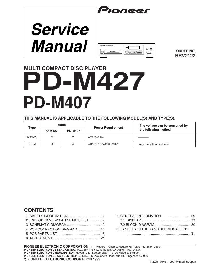 pioneer pdm 407 service manual