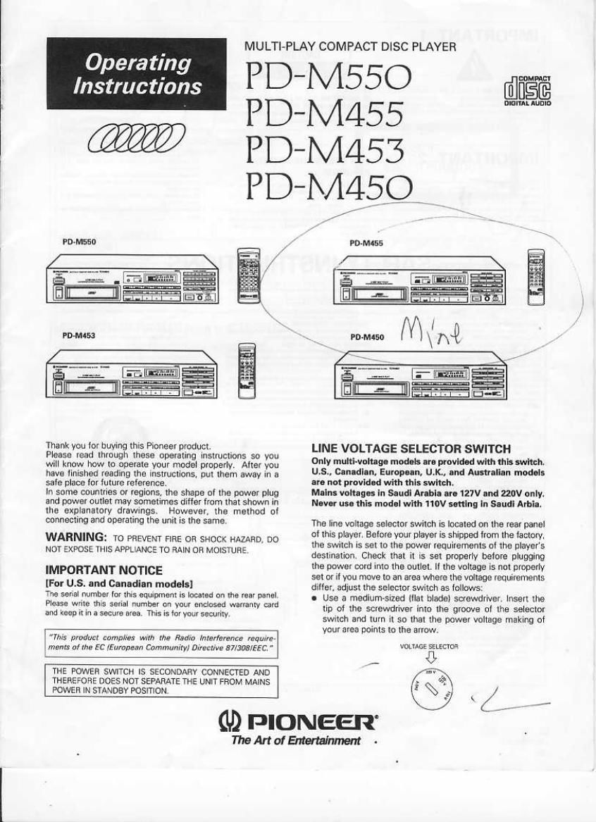 pioneer pdm 455 owners manual