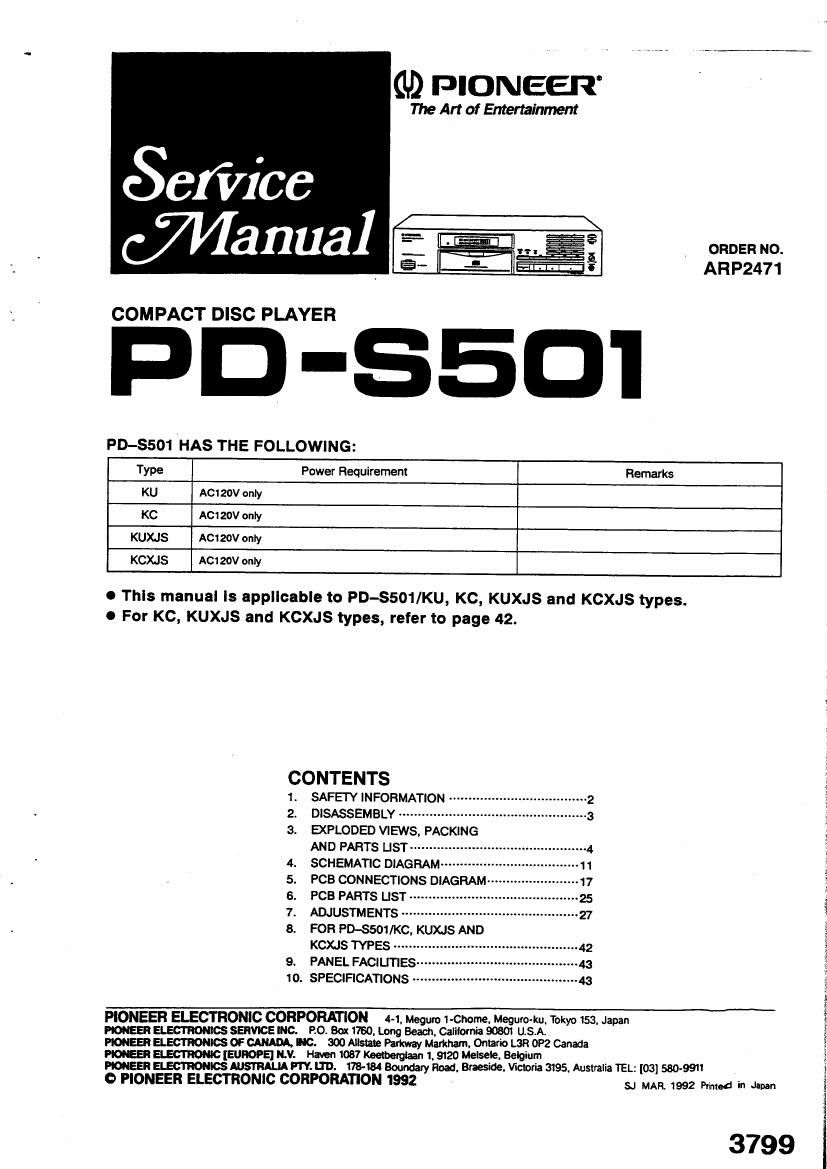 pioneer pds 501 service manual