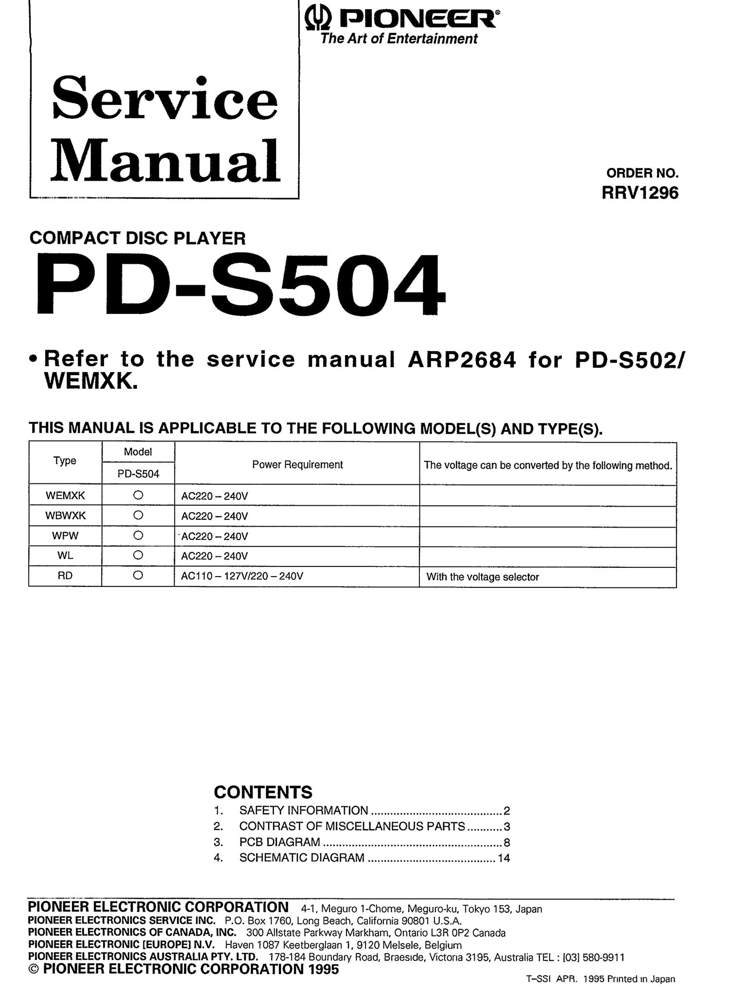 pioneer pds 504 service manual