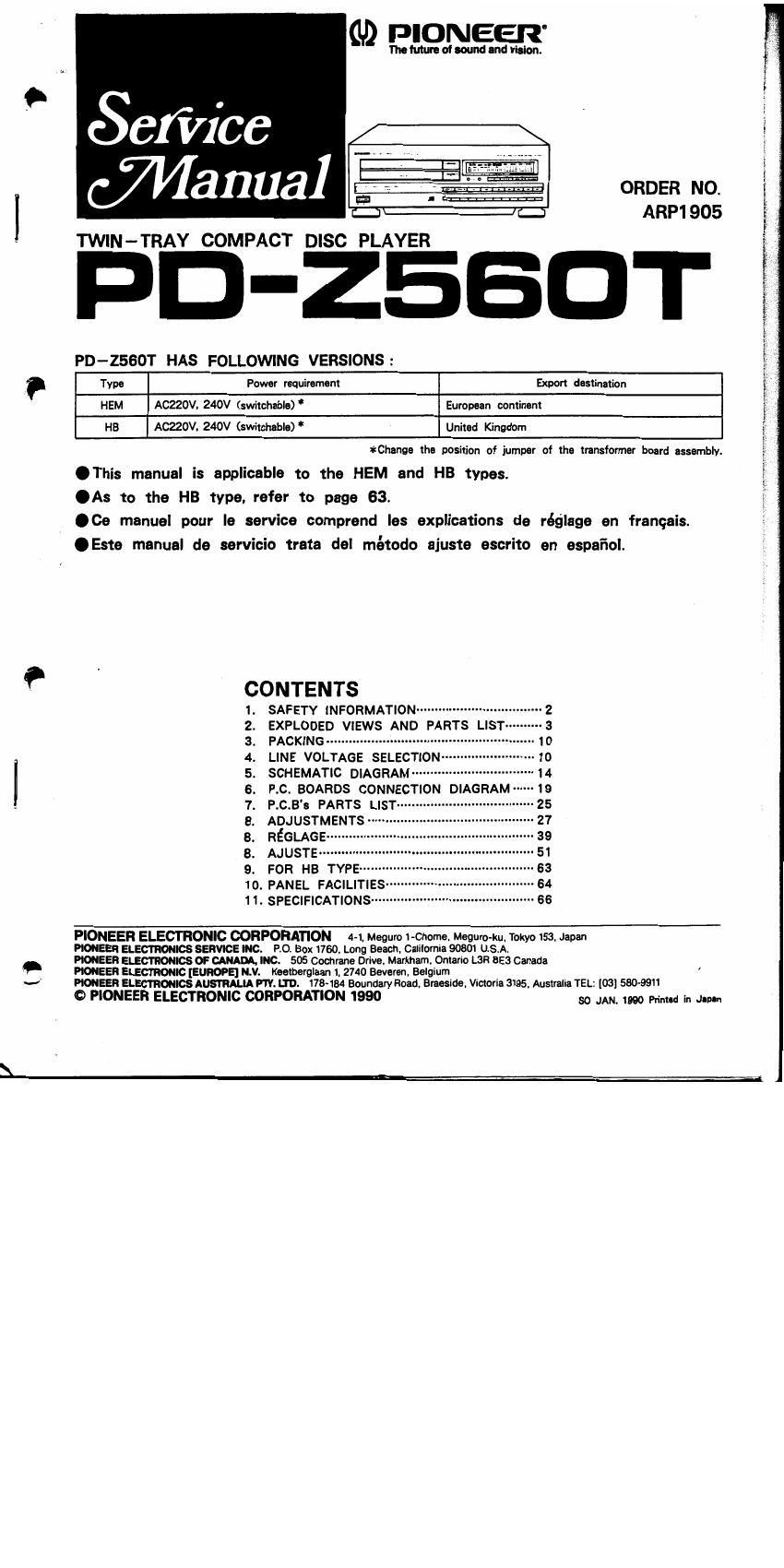 pioneer pdz 560 t service manual