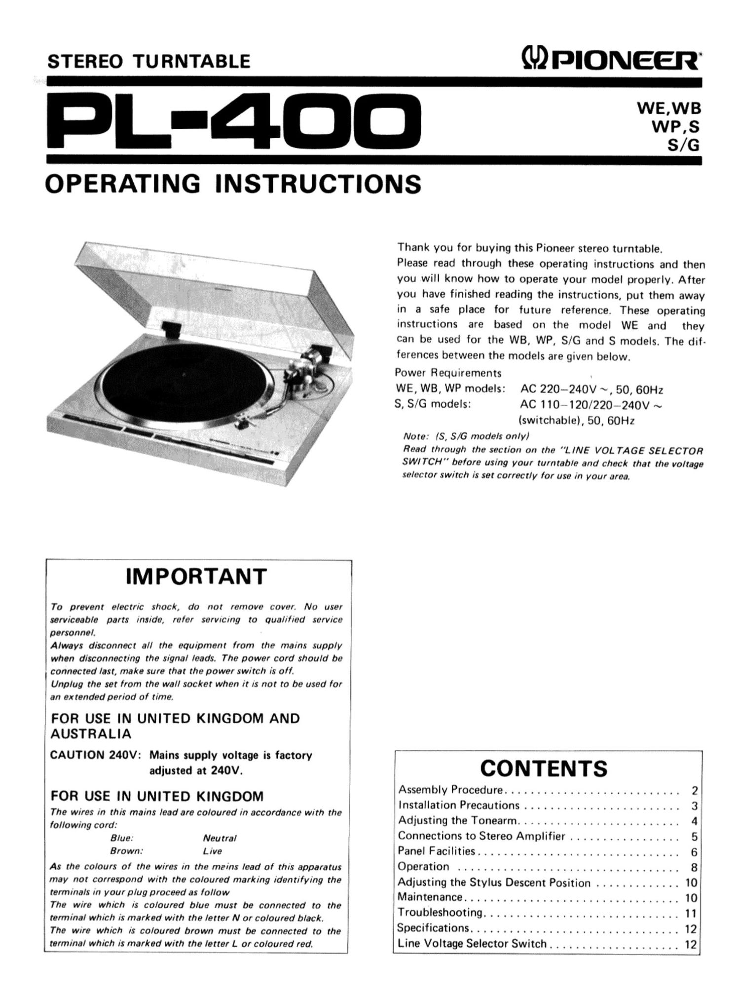 pioneer pl 400 owners manual