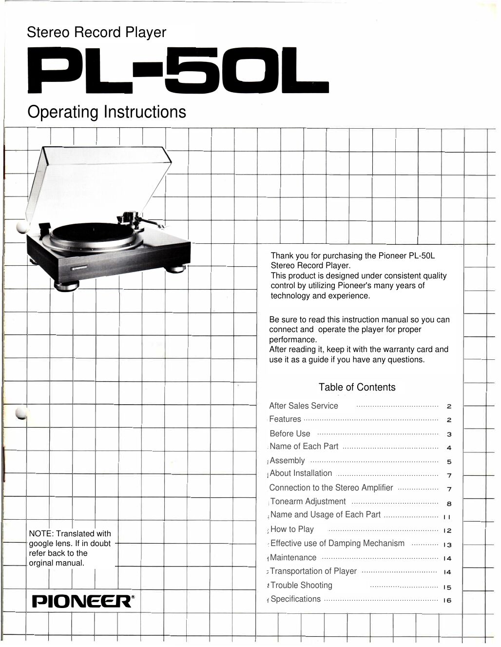 Pioneer PL 50L Operating Instructions Eng