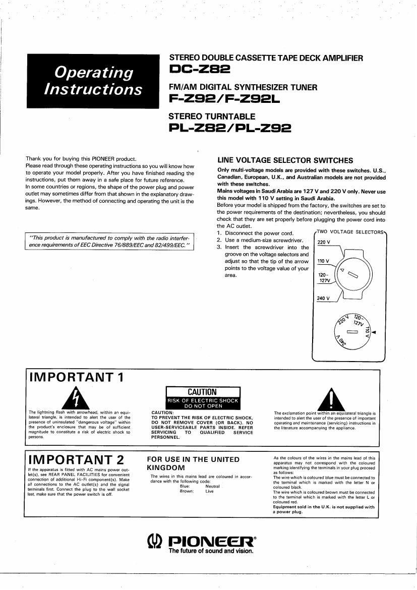 pioneer plz 82 owners manual