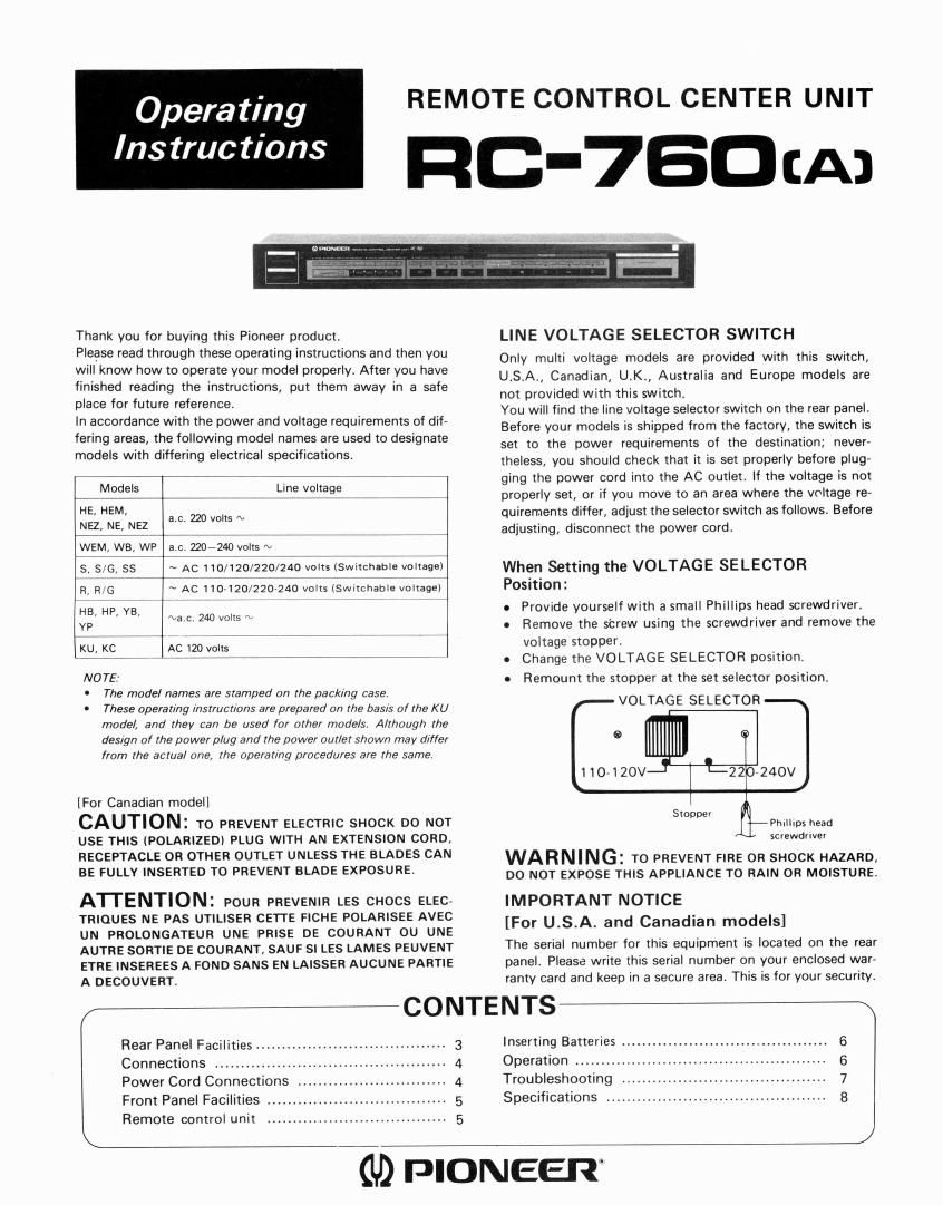 Free Download Pioneer Rc 760 Owners Manual