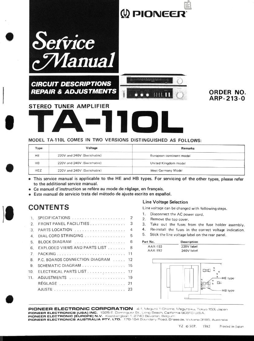 pioneer ta 110 l service manual