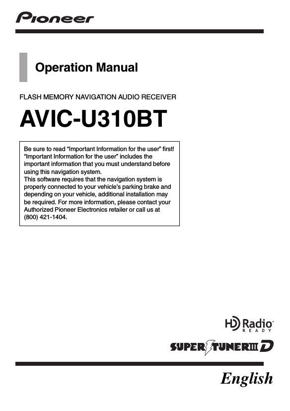 Pioneer AVIC U310BT Owners Manual