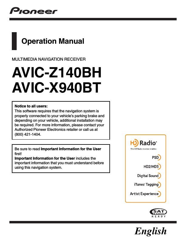 Pioneer AVIC Z140BH Owners Manual