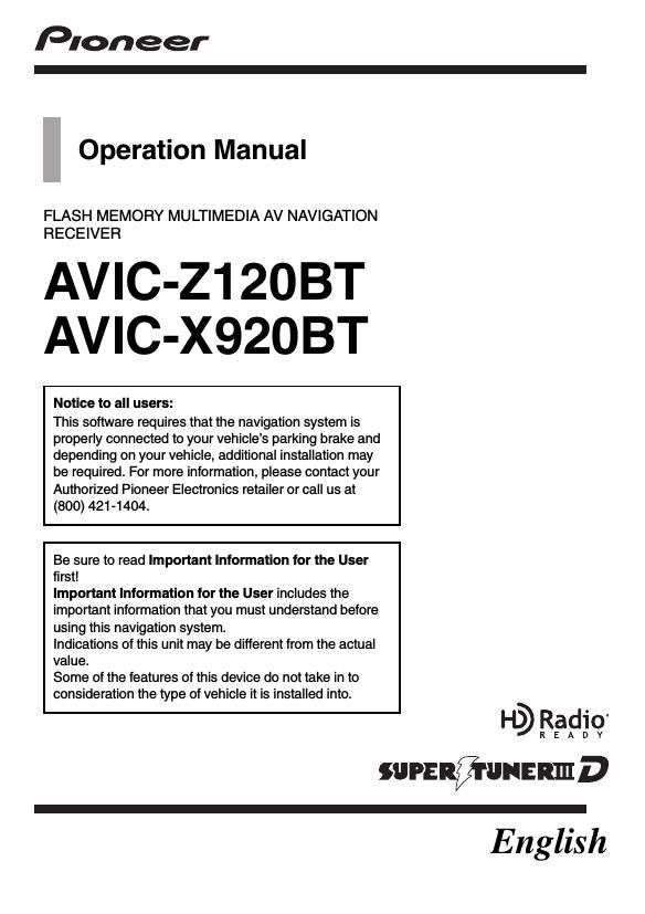 Pioneer AVIC Z920BT Owners Manual