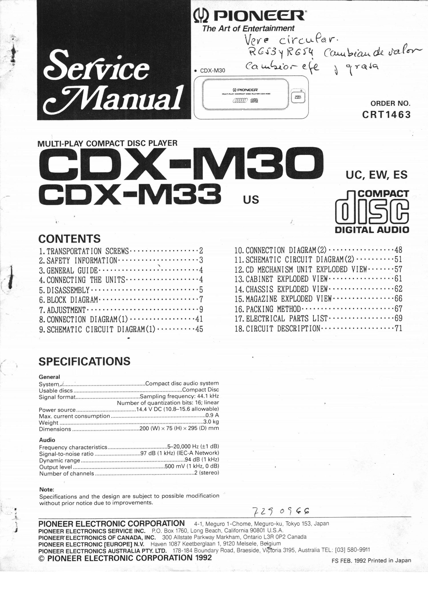 pioneer cdxm 30 service manual