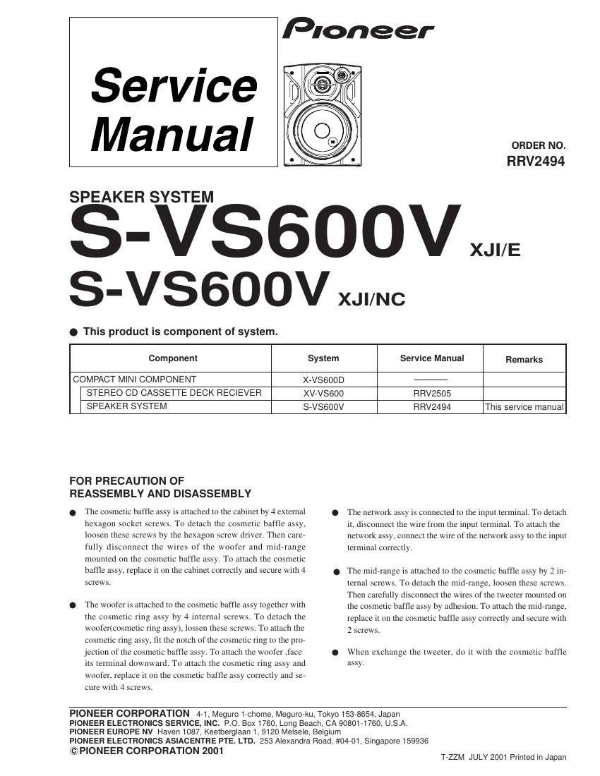 pioneer svs 600 v service manual