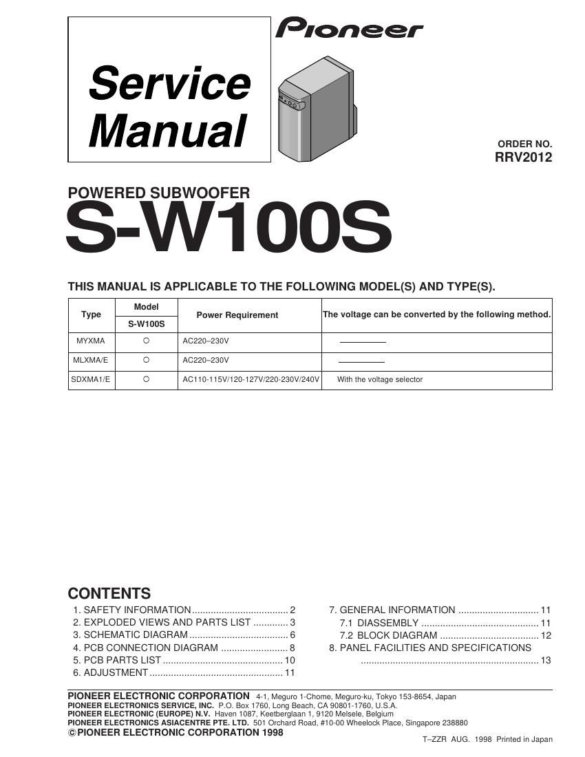 pioneer sw 100 s service manual