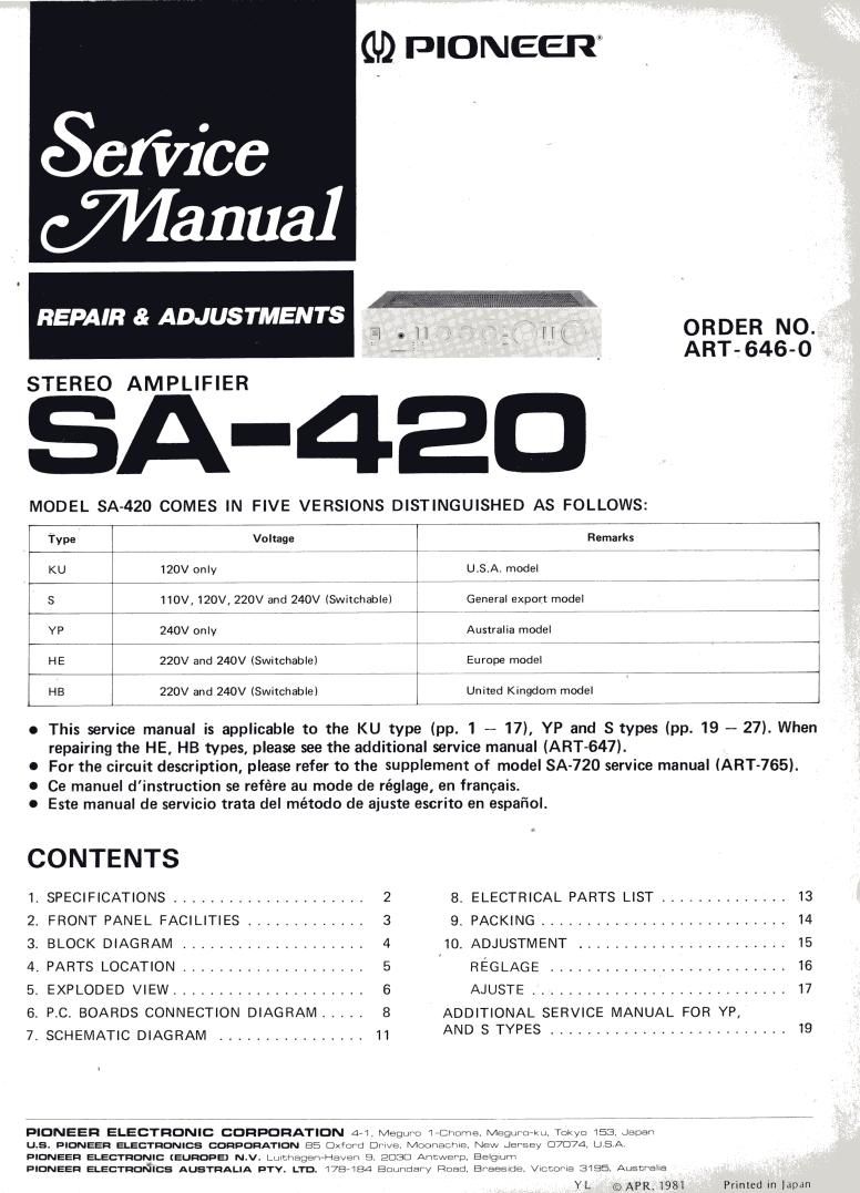 pioneer sa 420 service manual