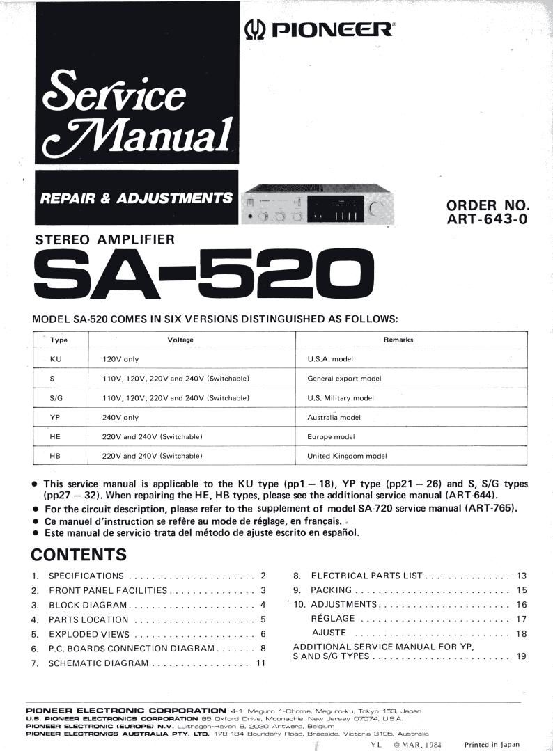 pioneer sa 520 service manual