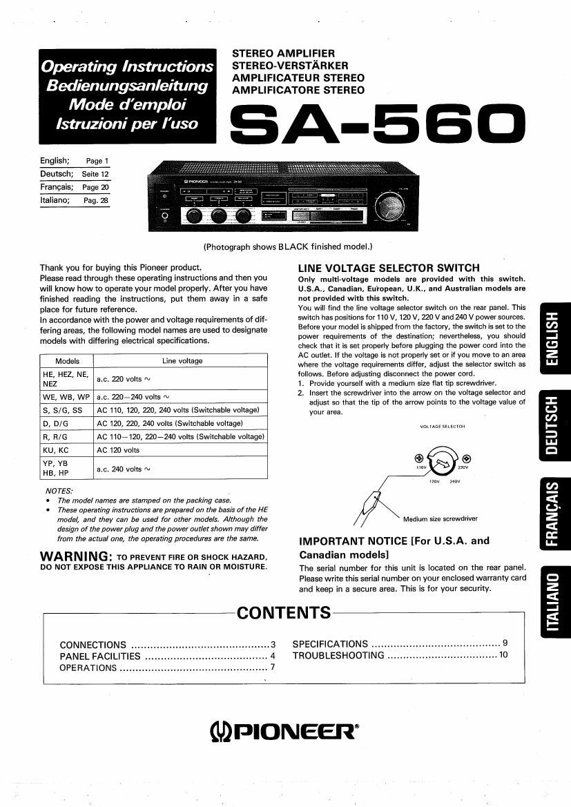 pioneer sa 560 owners manual