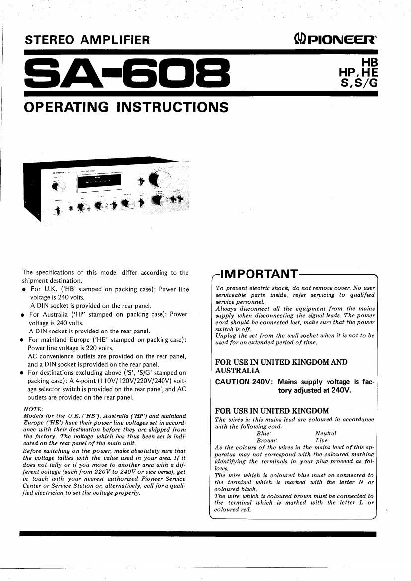 pioneer sa 608 owners manual