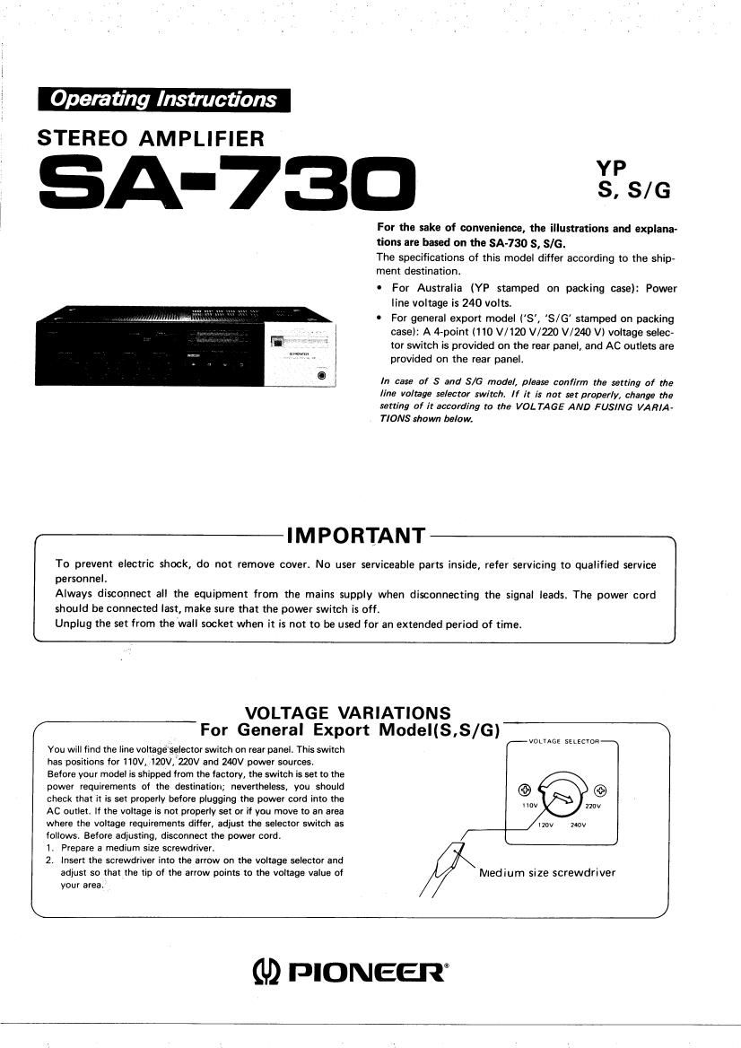 pioneer sa 730 owners manual