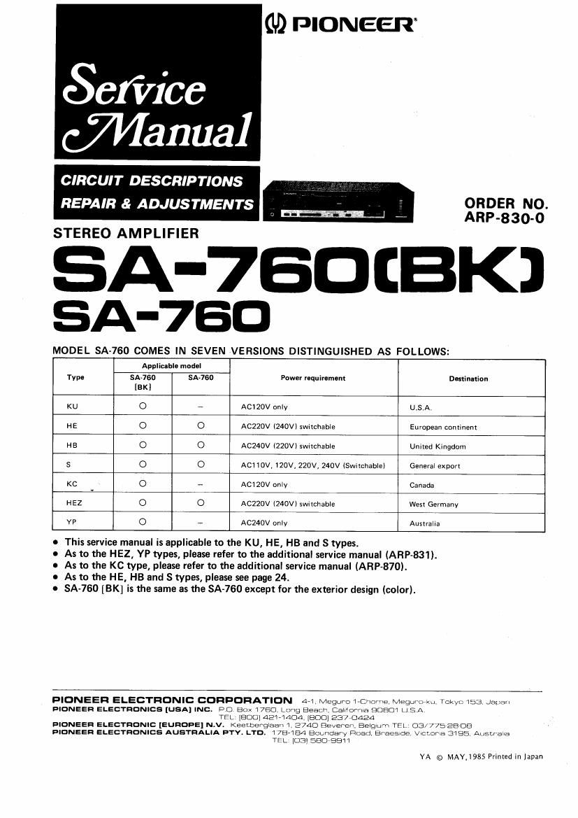 pioneer sa 760 service manual