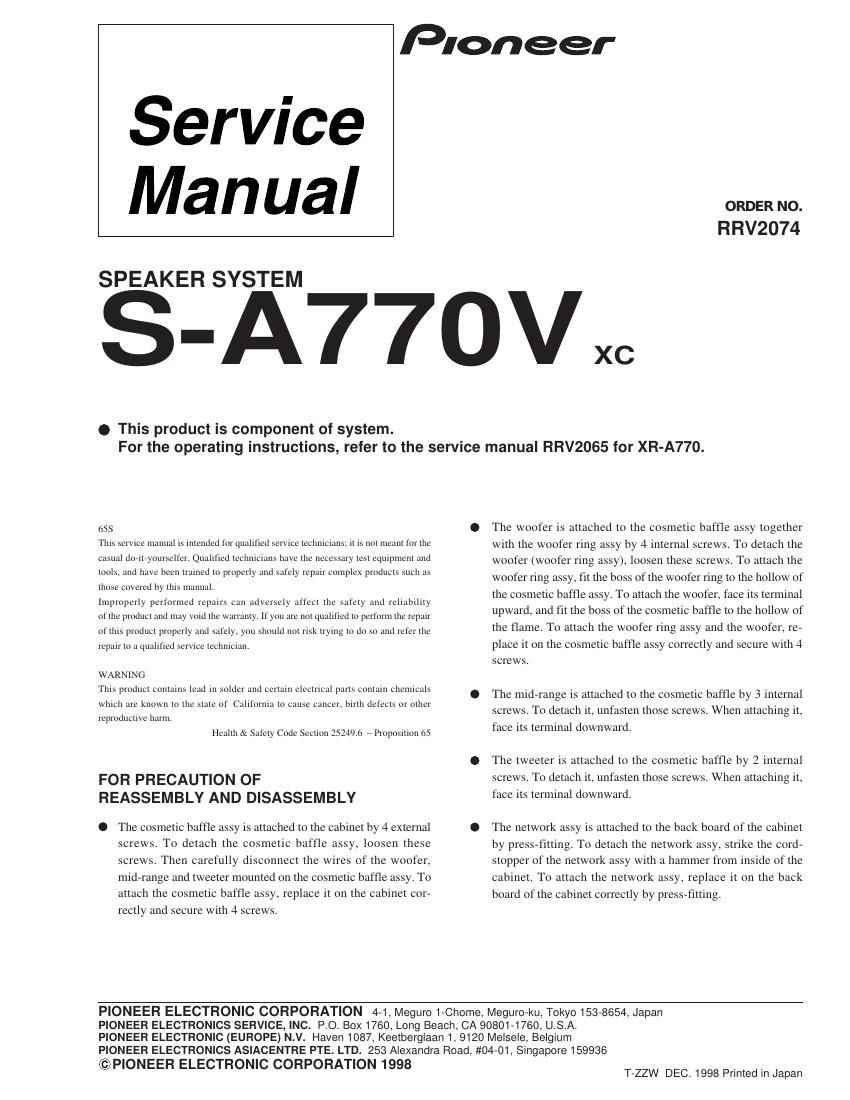 pioneer sa 770 v service manual